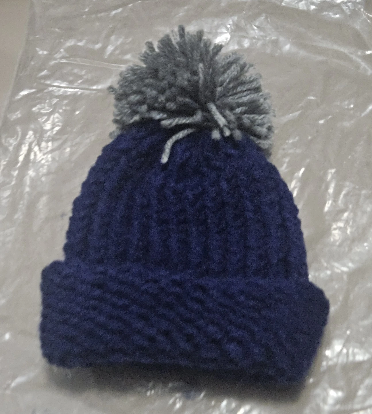 Navy Blue Knit Beanie with Gray Pom Pom