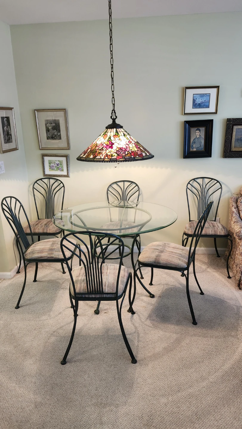 42" Glass Top Dining Table with 6 Metal Chairs
