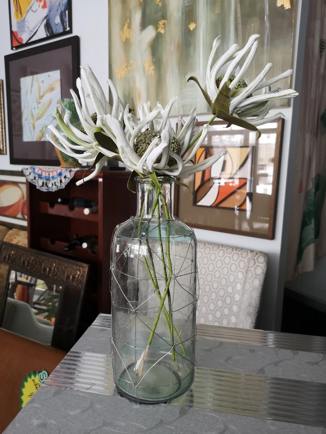 Glass Vase with Wire Mesh Wrap