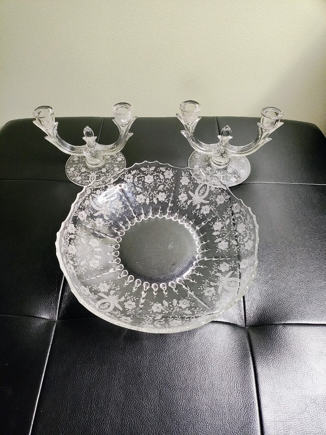 New Martinsville Glass Company Double Candle Holders & Bowl