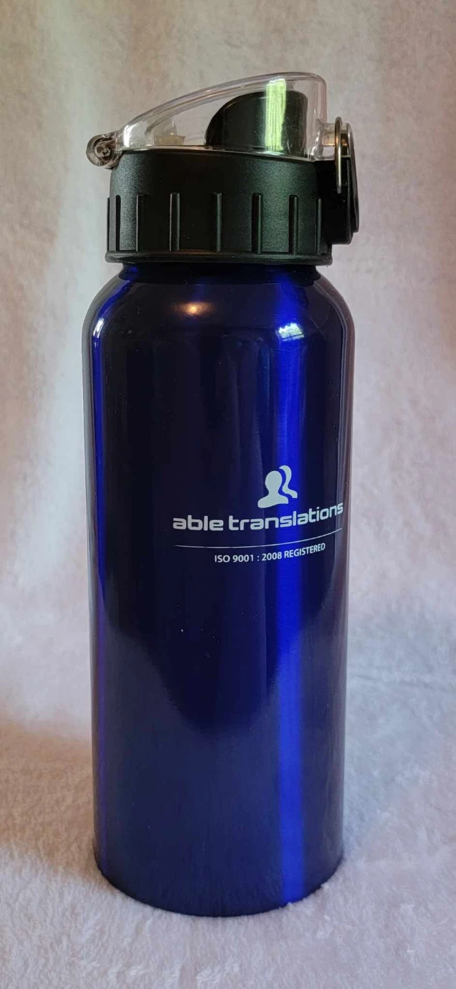 Blue and White Able Translations Water Bottle