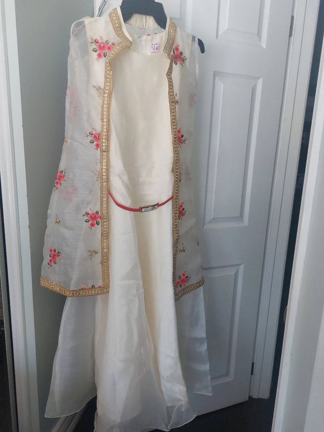 Cream Dress with Floral Overlay and Red Belt - photo 5