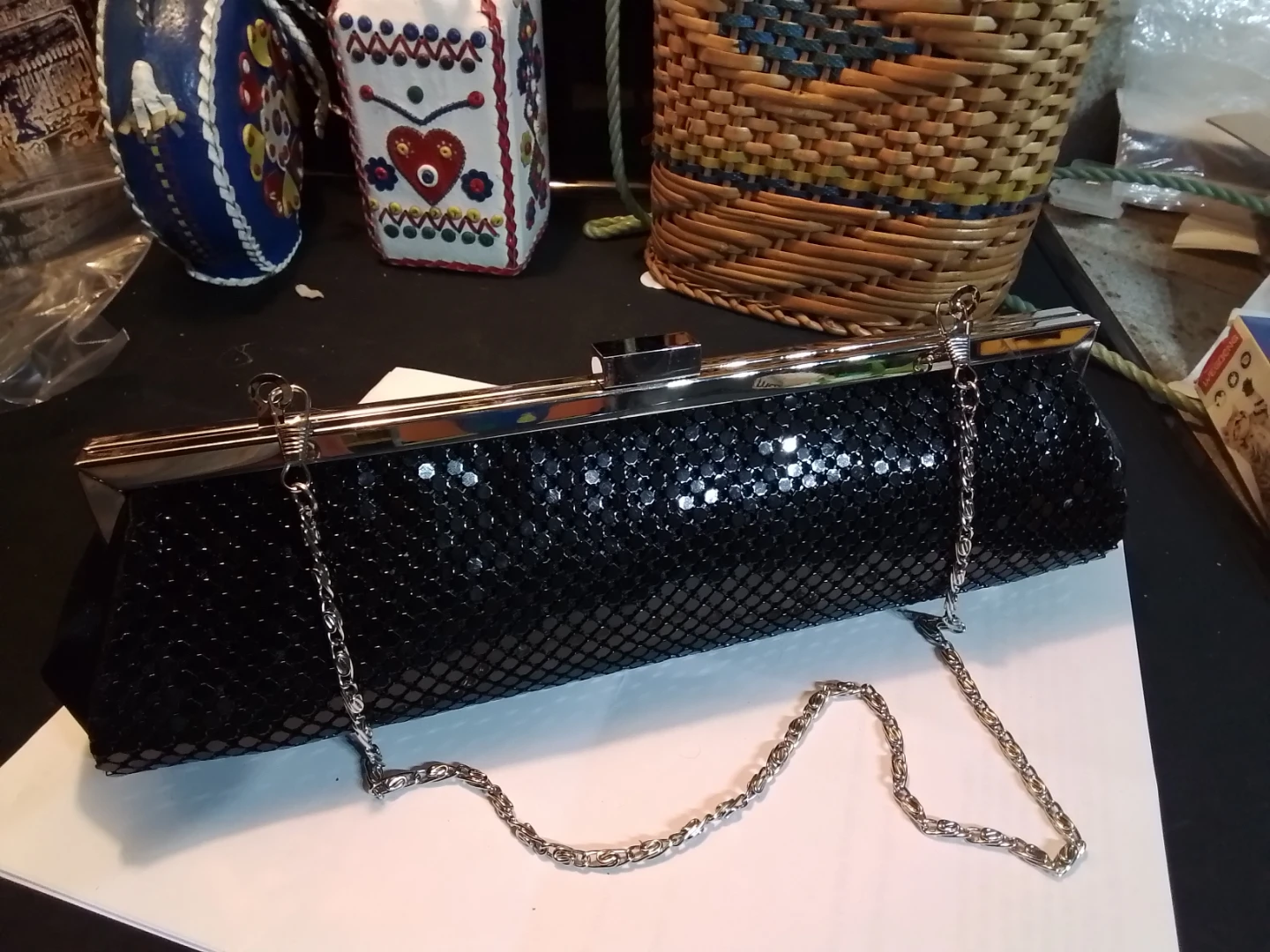 Black Mesh Evening Clutch with Chain Strap