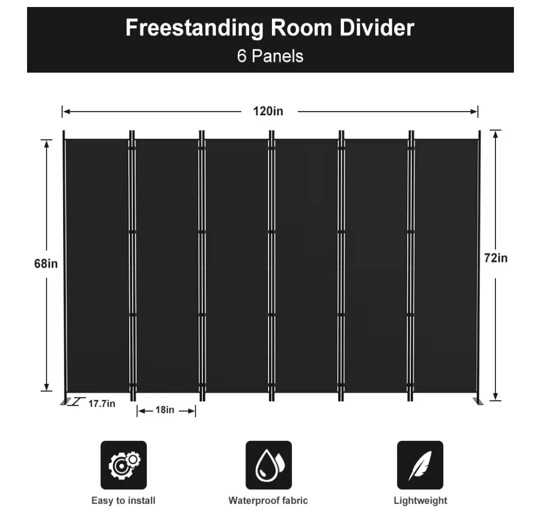 Freestanding Room Divider - 6 Panels, Black, 120in W x 72in H - photo 2