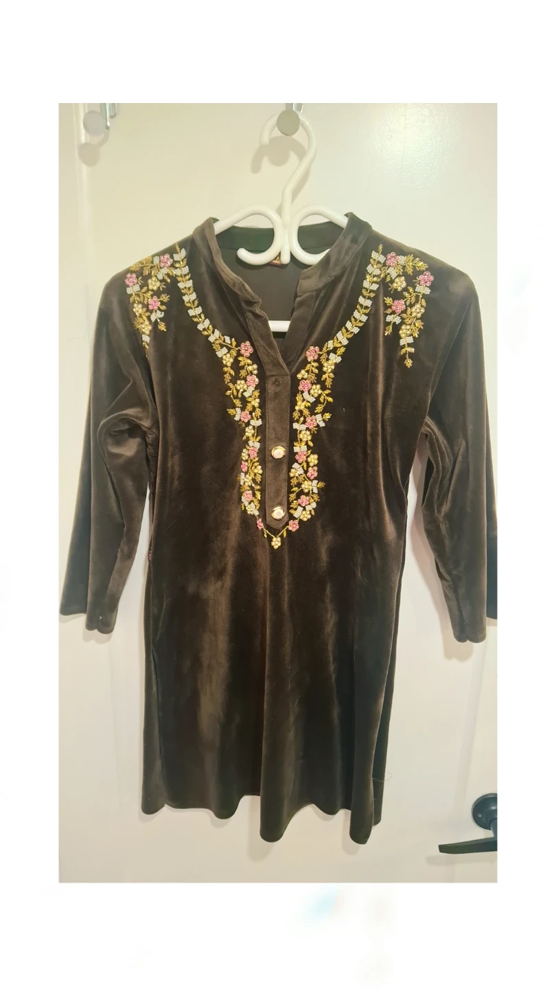 Brown Velvet Kurti with Floral Embroidery