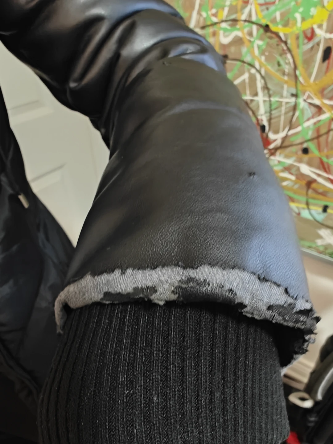 Black Puffer Coat with Faux Leather Sleeves - photo 5