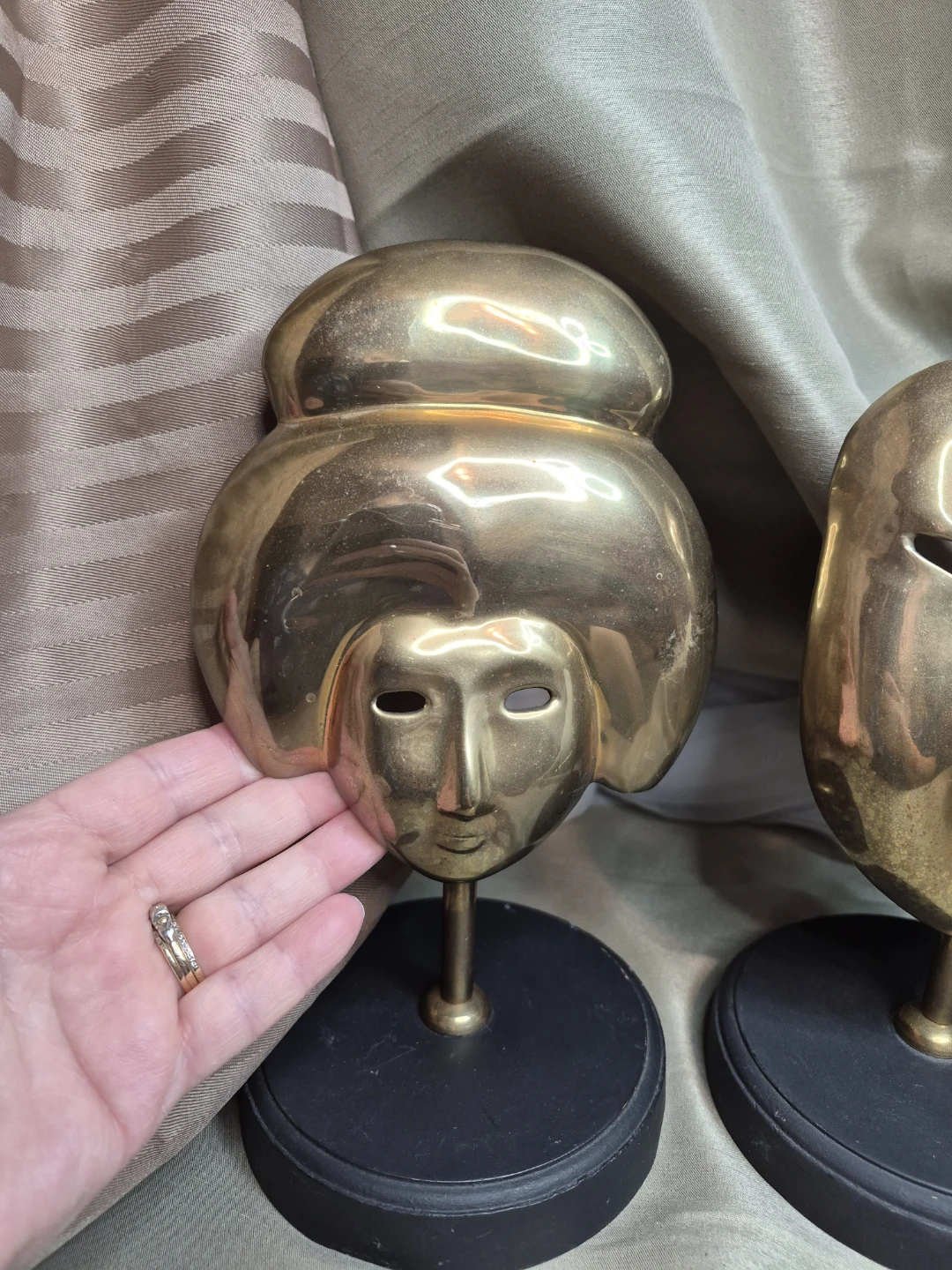 Pair of Vintage Solid Brass 9 1/2" Tall Asian Mask - photo 2