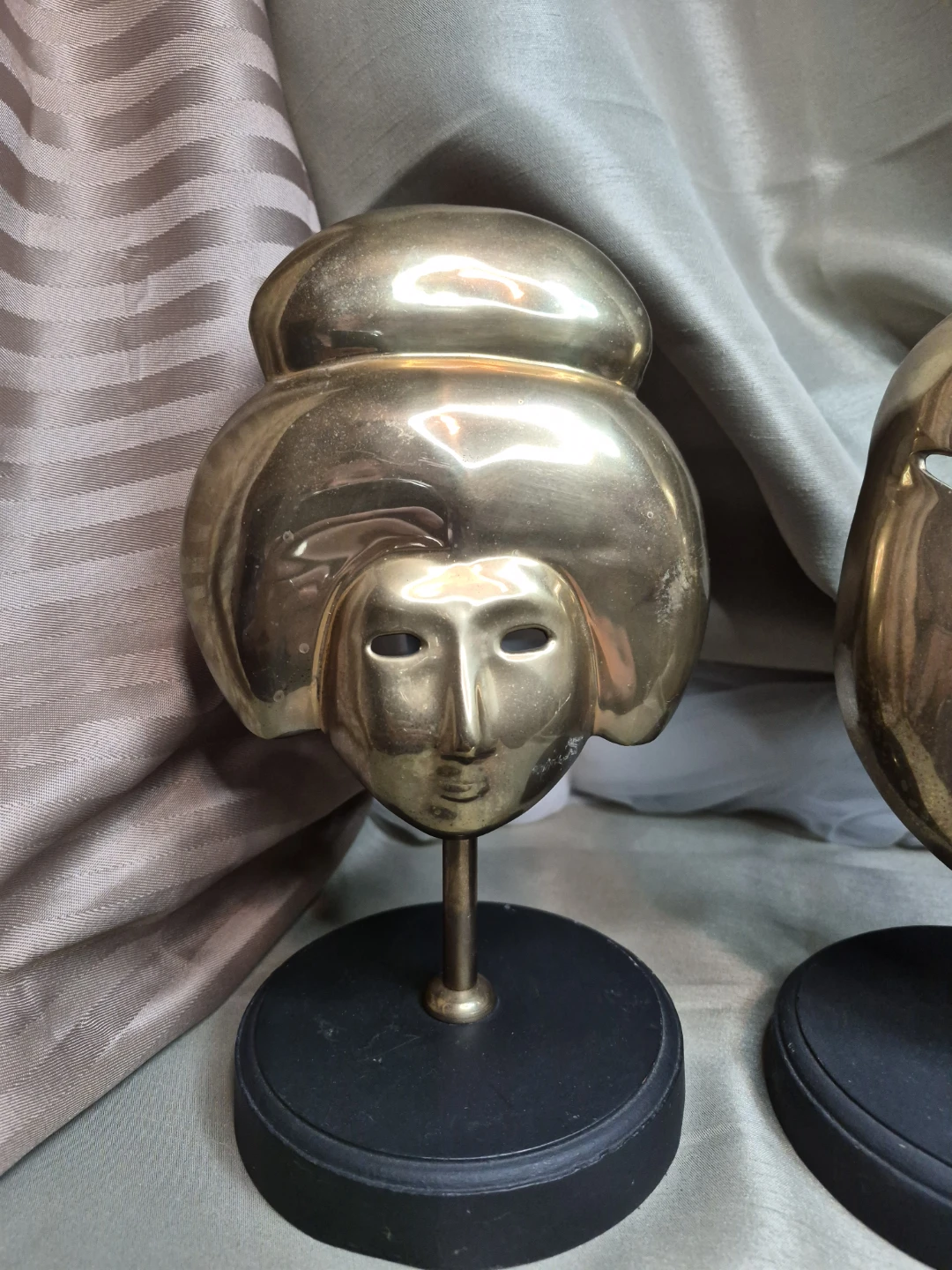 Pair of Vintage Solid Brass 9 1/2" Tall Asian Mask - photo 5
