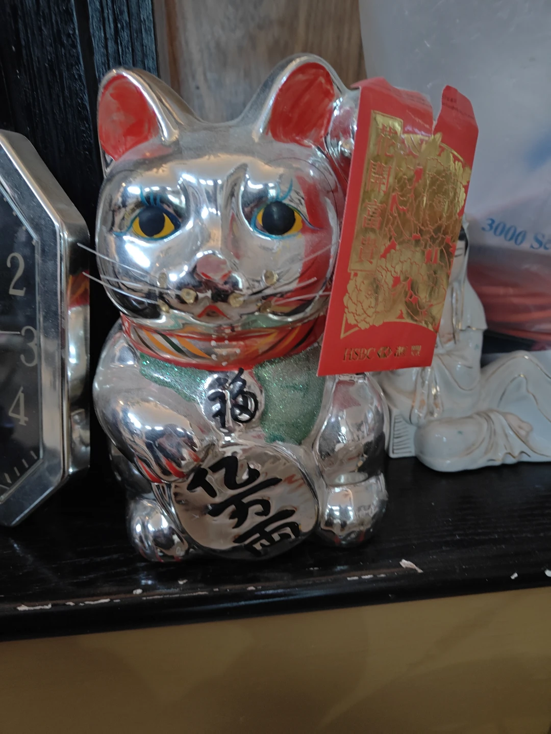 Silver Maneki Neko Lucky Cat with Red Envelope