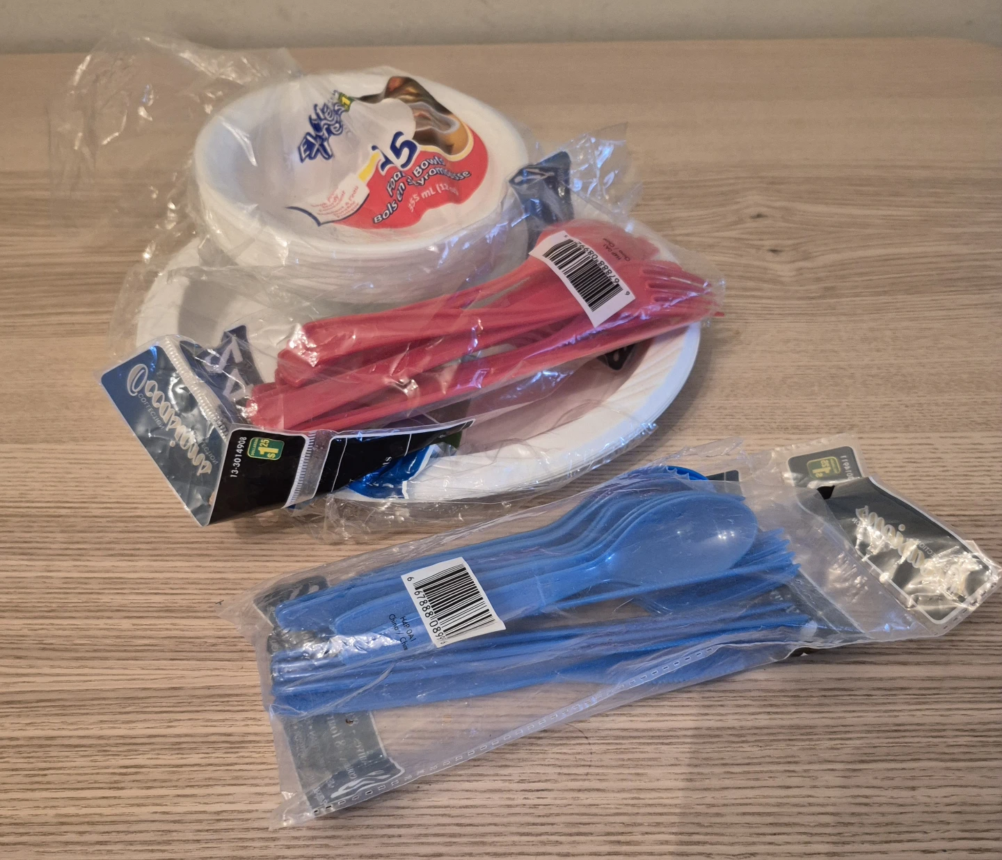 Plastic dishes and utensils.