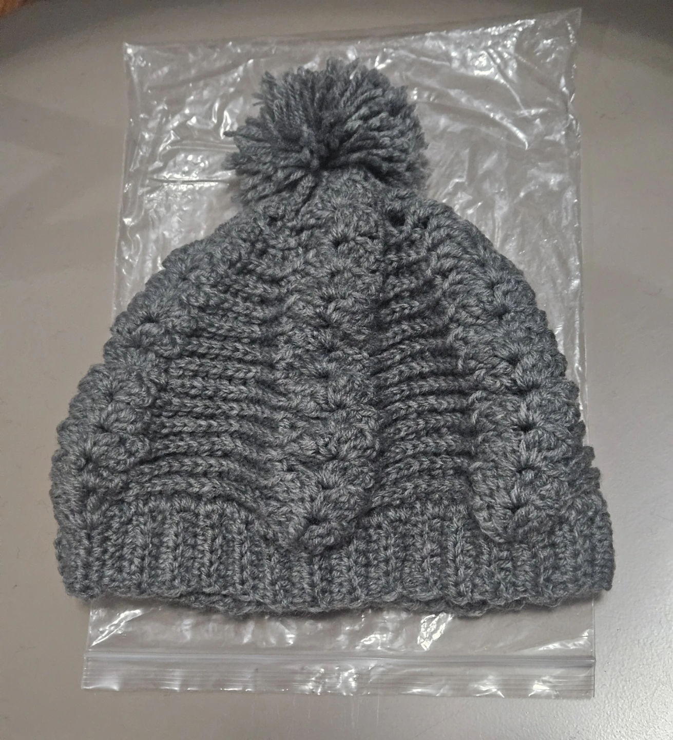 Grey Knit Pom Pom Beanie Hat
