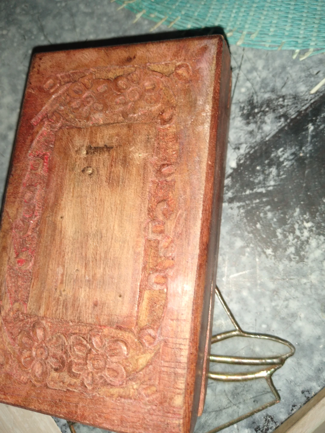 Small three and a half by 5 1/2 hand carved wooden trinket box