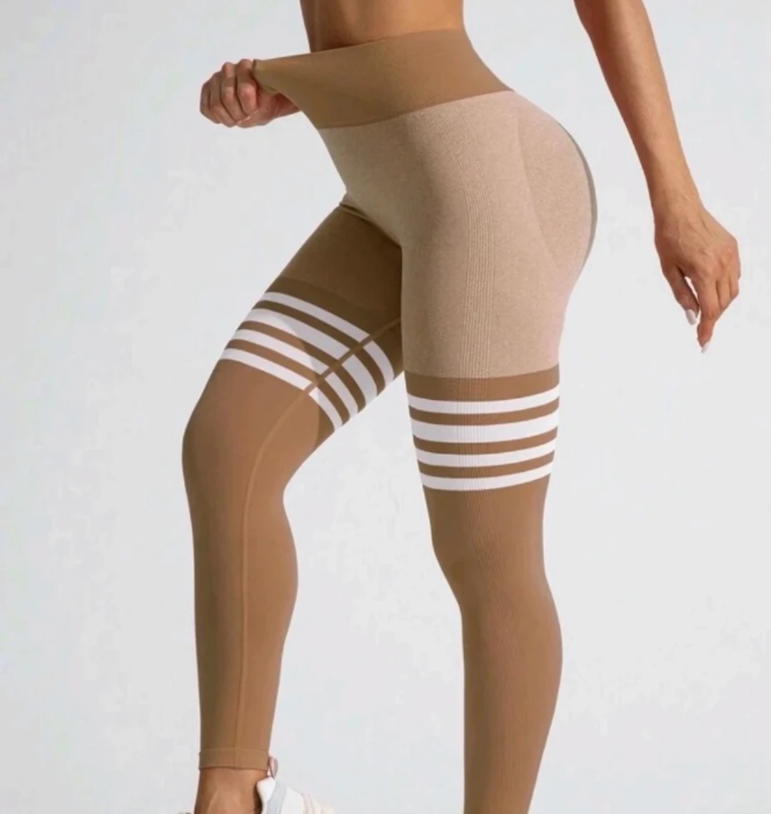 Women's Athletic Leggings - Brown & Tan with Stripes