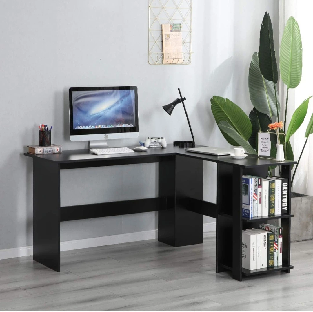 Black L-Shaped Corner Desk with Shelves