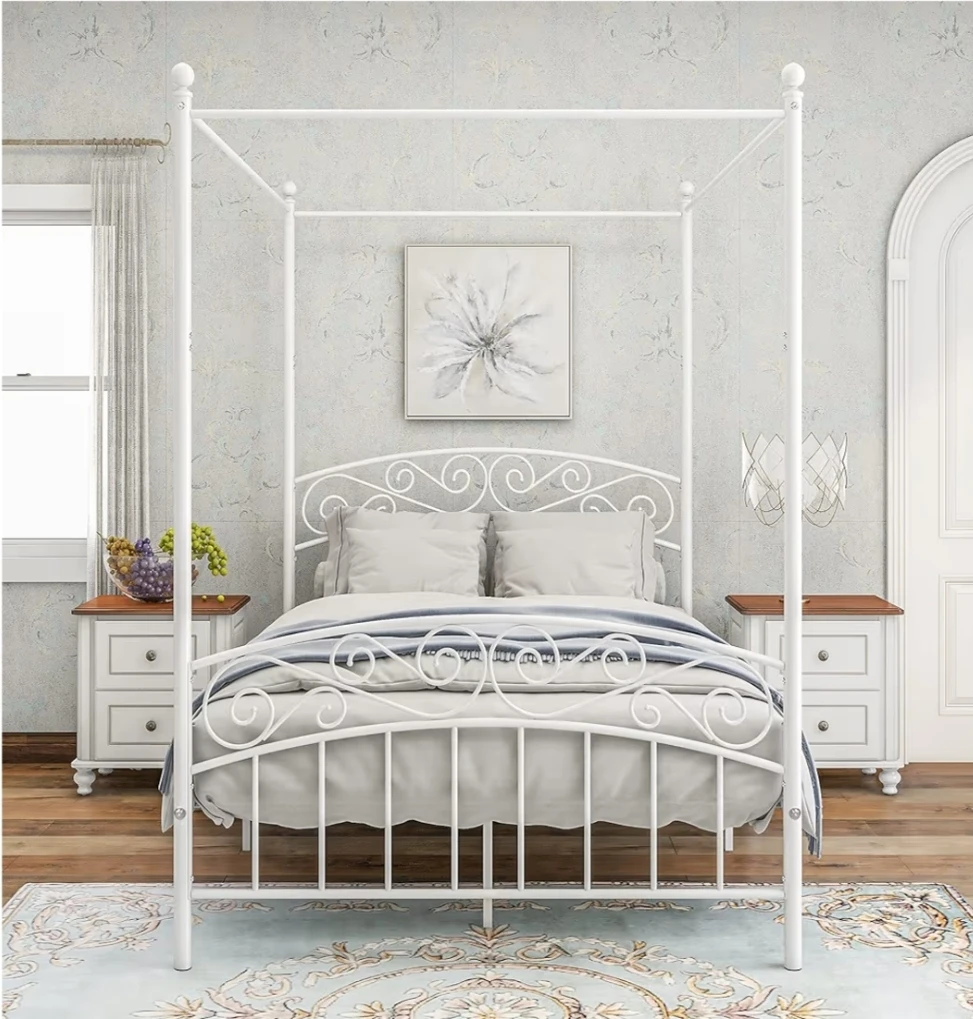 White Metal Canopy Bed Frame with Ornate European Style