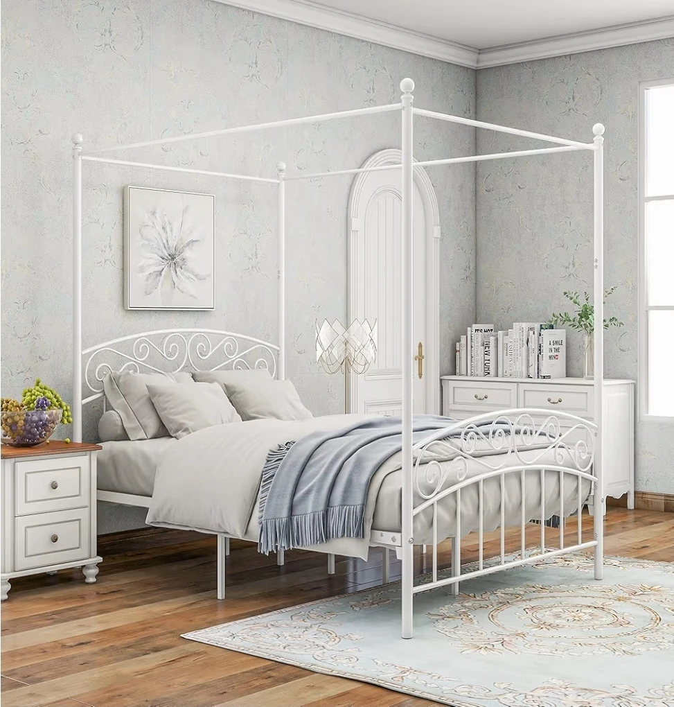 White Metal Canopy Bed Frame with Ornate European Style - photo 2
