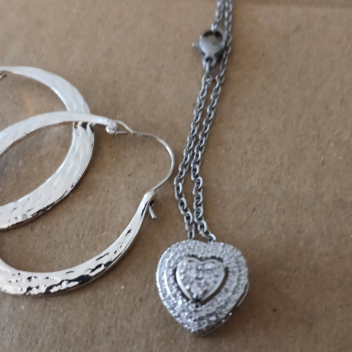 Silver Heart Pendant Necklace and Hoop Earrings Set