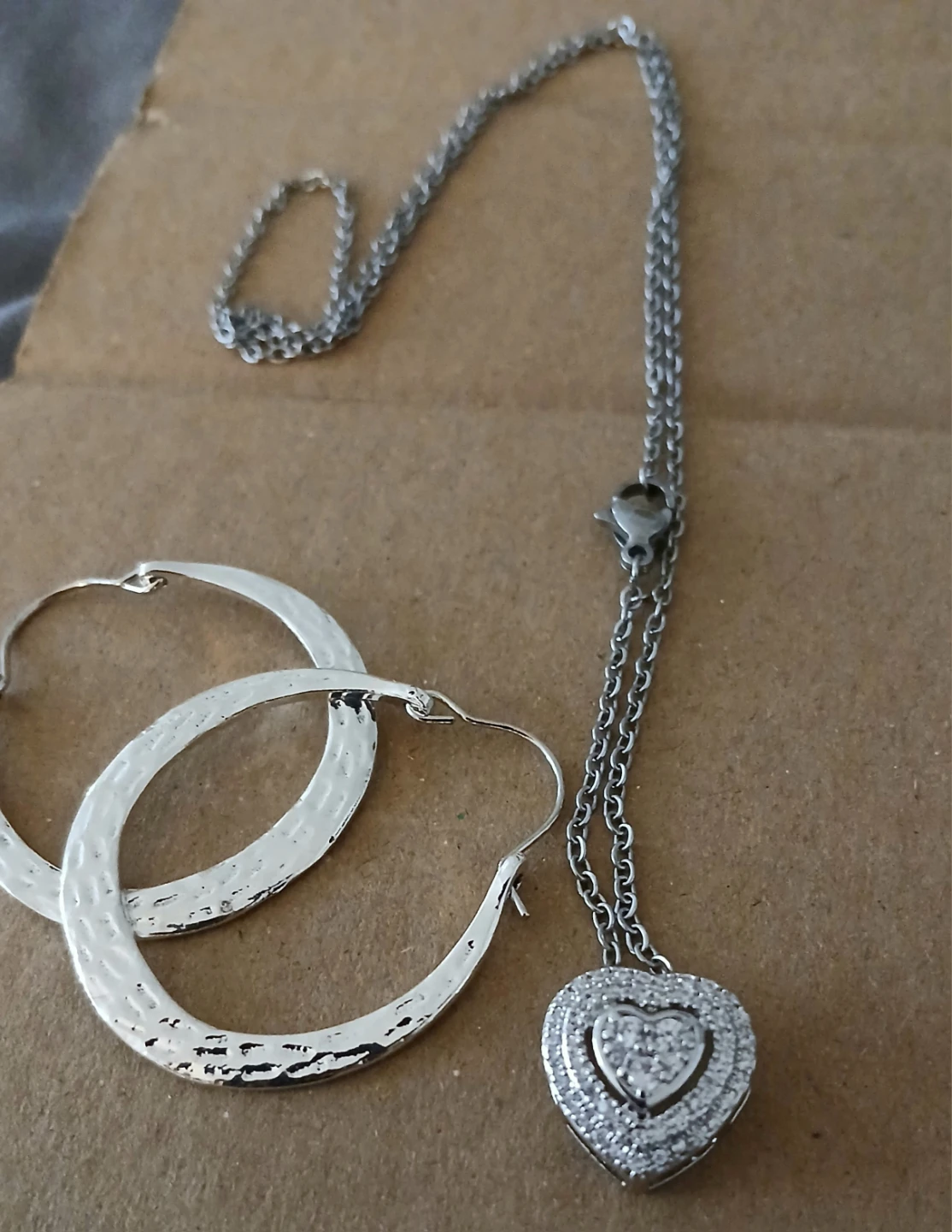 Silver Heart Pendant Necklace and Hoop Earrings Set - photo 3