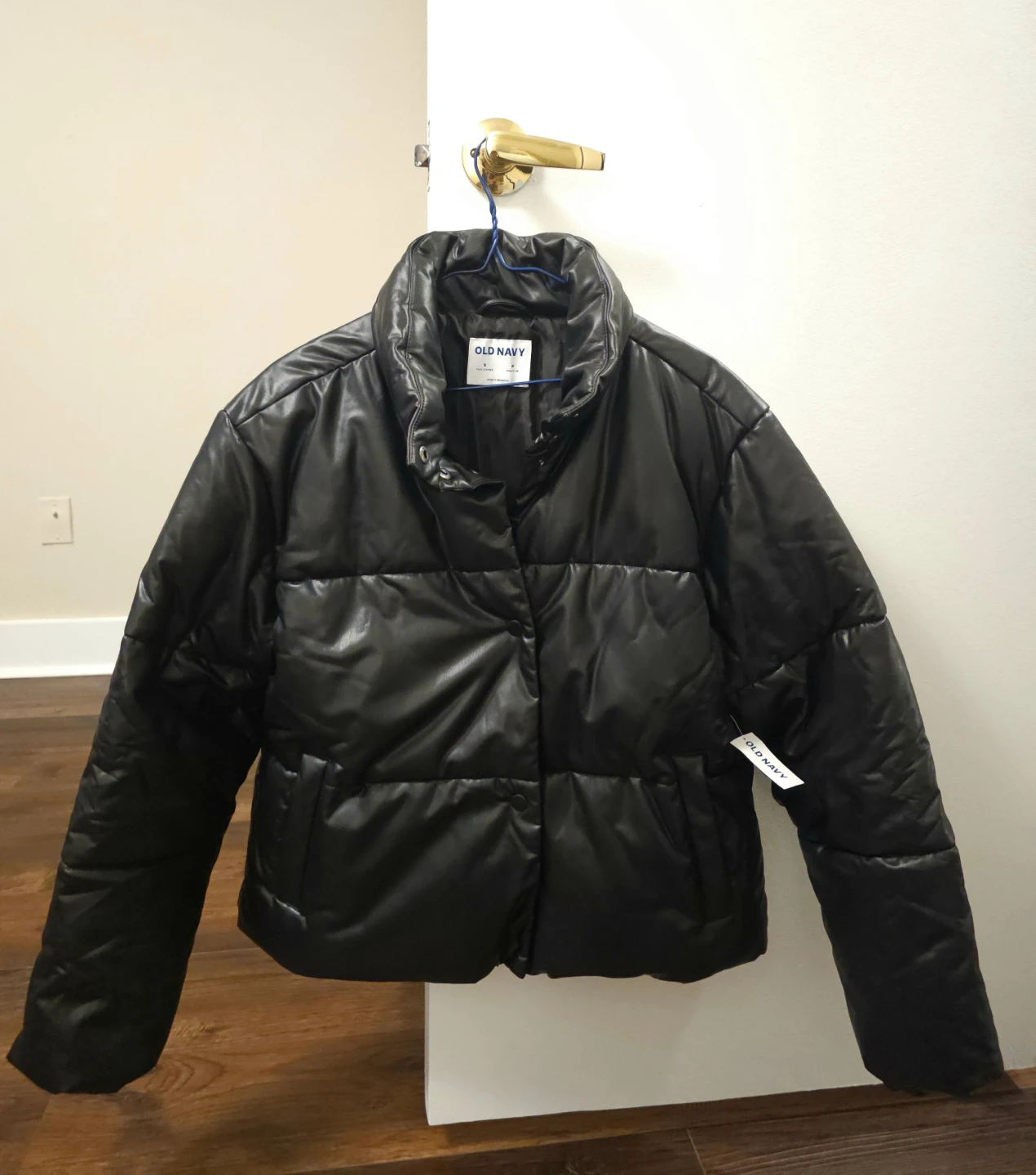 NEW Black Faux Leather Puffer Jacket (Old Navy) - Size S