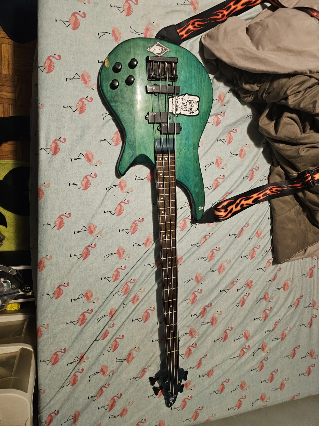 Green 4-String Bass Guitar with Flame Strap