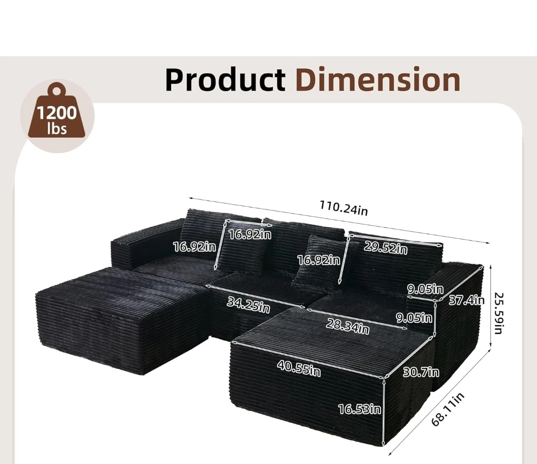 Black Corduroy Sectional Sofa - 110.24 in - photo 5