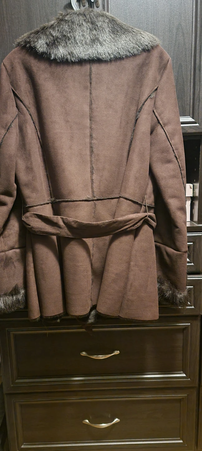 Brown Faux Fur Trimmed Suede Jacket with Belt - photo 2