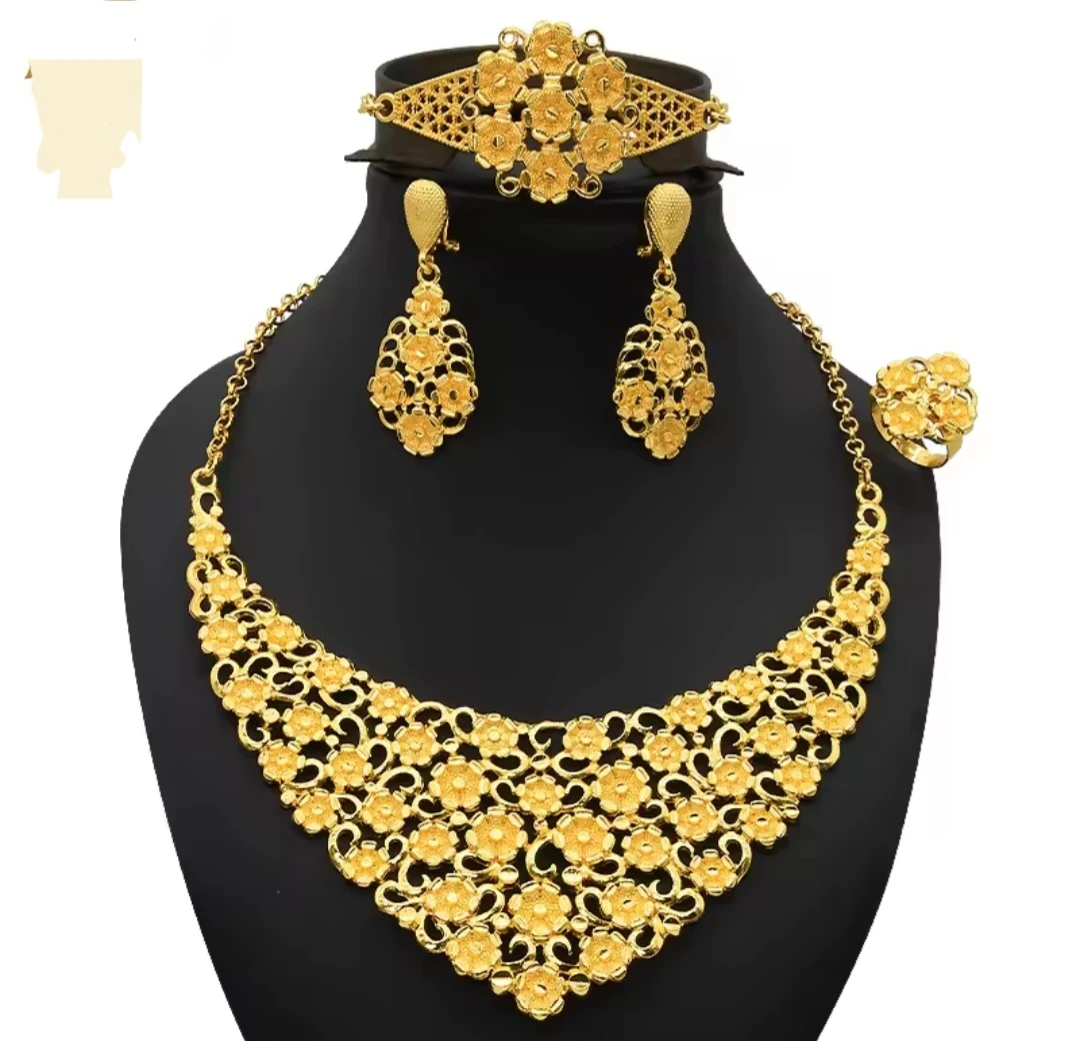 Gold-tone Floral Jewellery Set Necklace Earrings Bracelet Ring