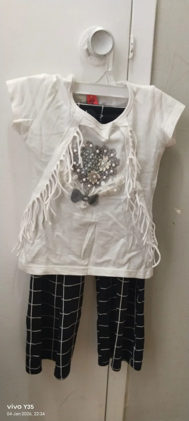Girls White Top & Black Grid Pants Set