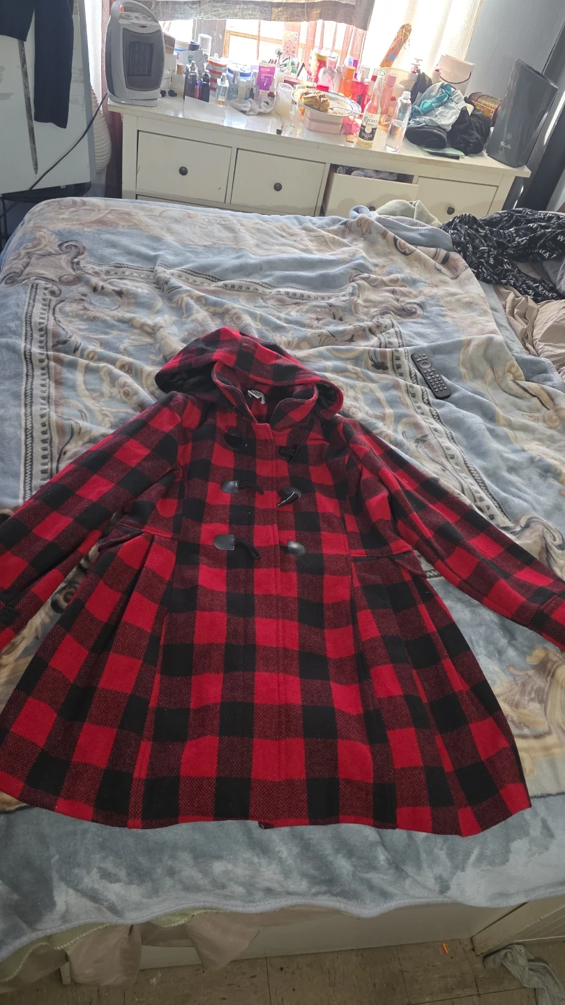 Red and Black Buffalo Plaid Hooded Toggle Coat - photo 2