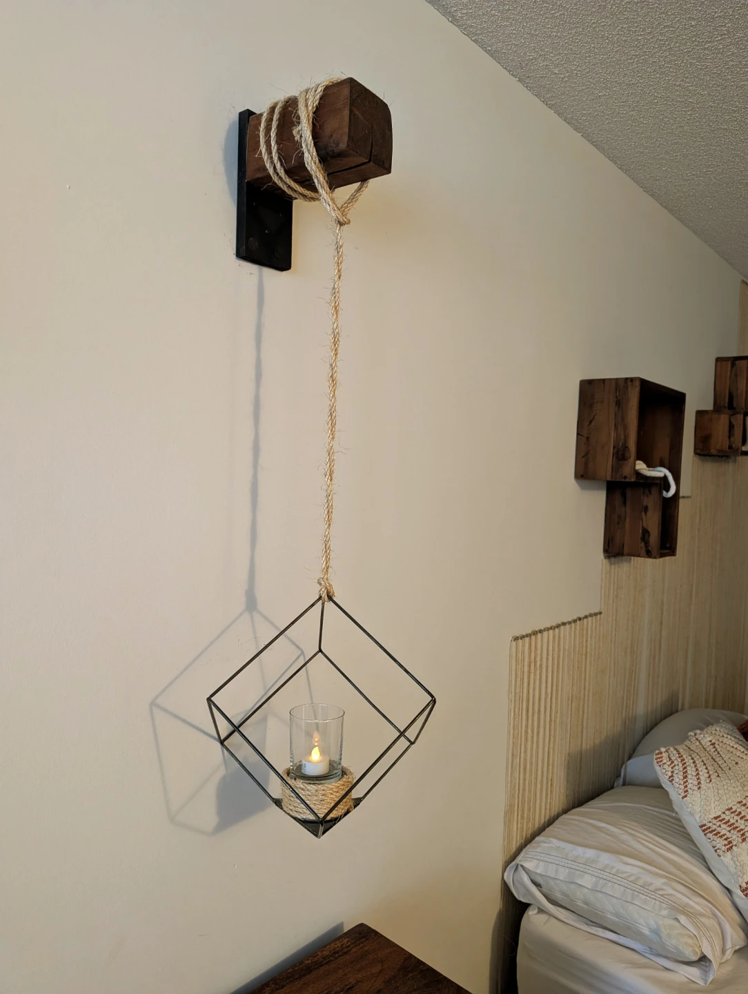 Rustic Hanging Candle Holder with Wooden Mount