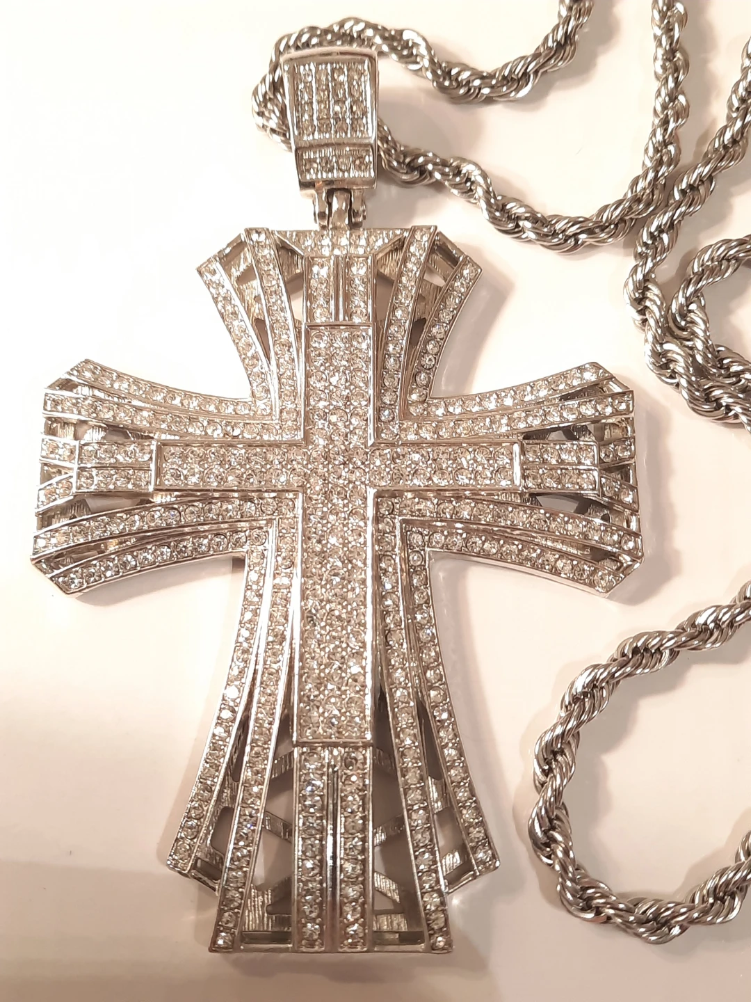 Silver Cross Pendant Necklace with Rhinestones