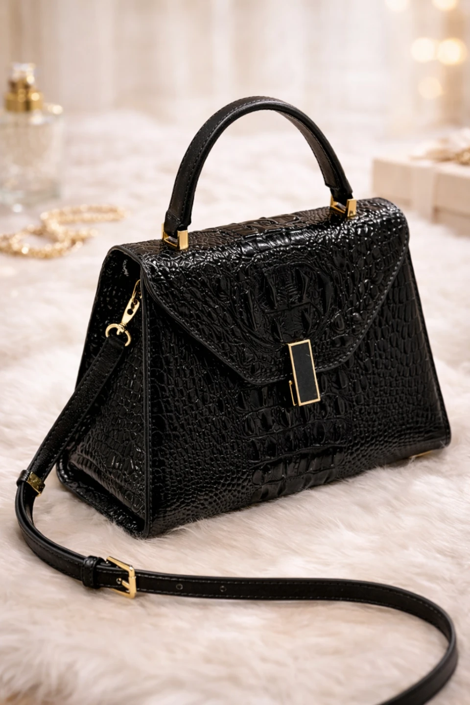 Black Croc-Embossed Top Handle Bag - photo 4