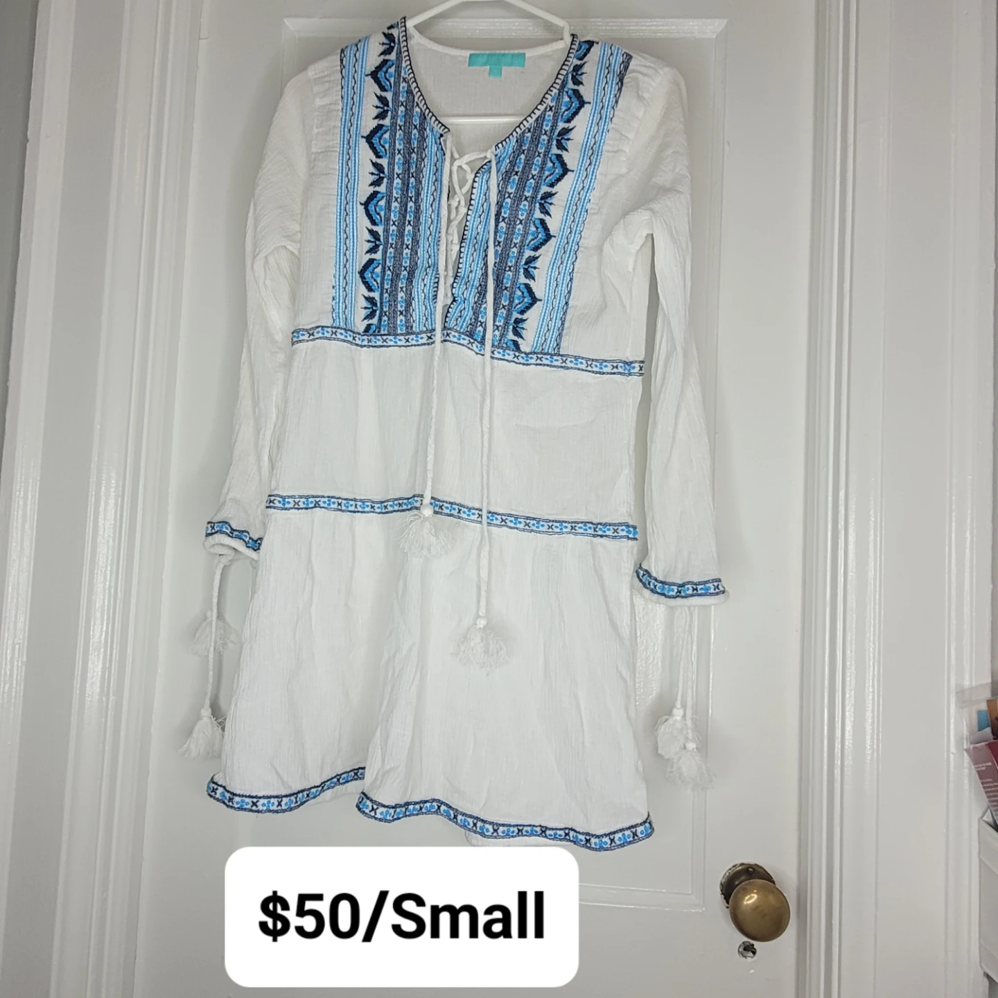 $50 Melissa Odabash White Blue Embroidered Tunic Dress Small