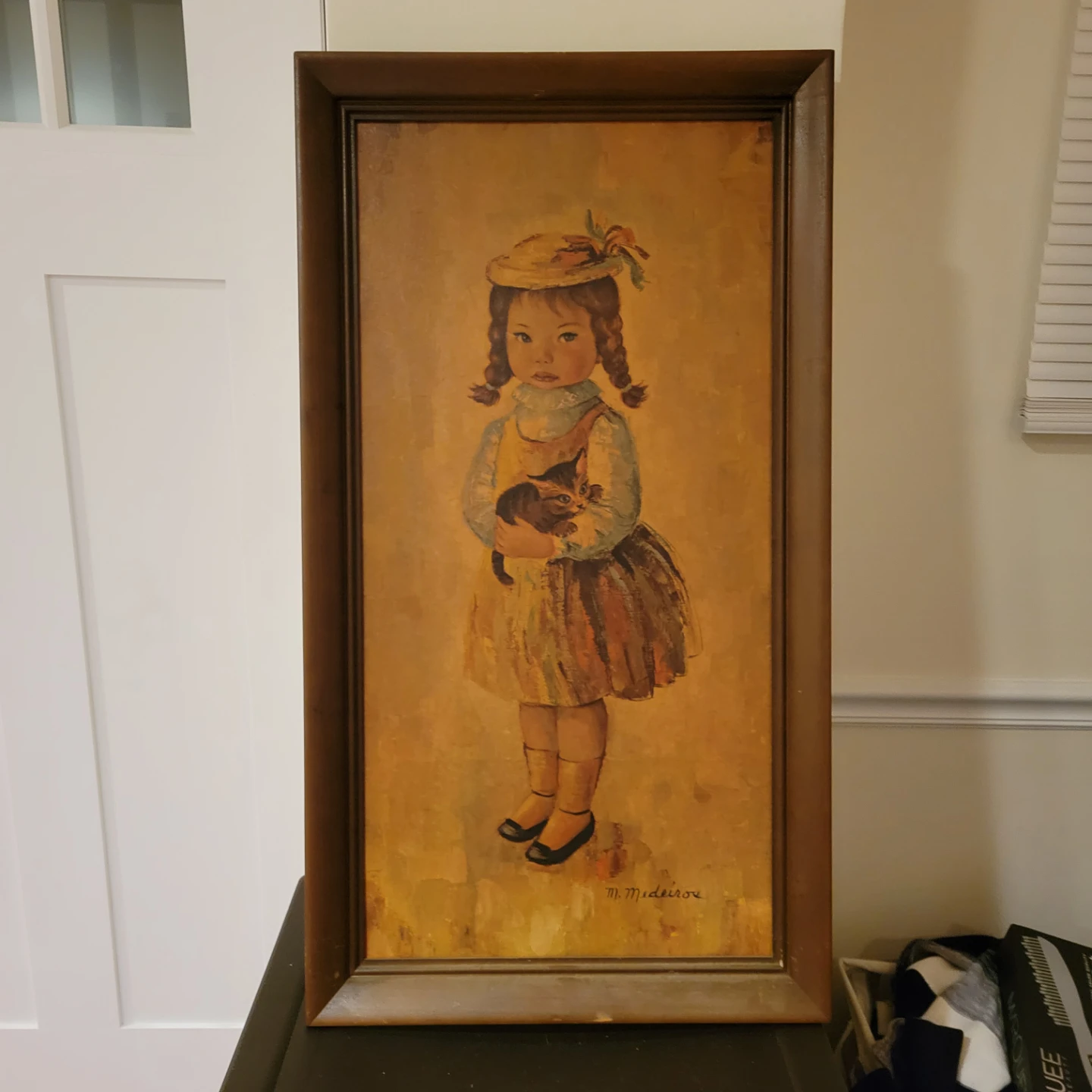 Vintage Painting of Girl with Cat by M. Madeiros