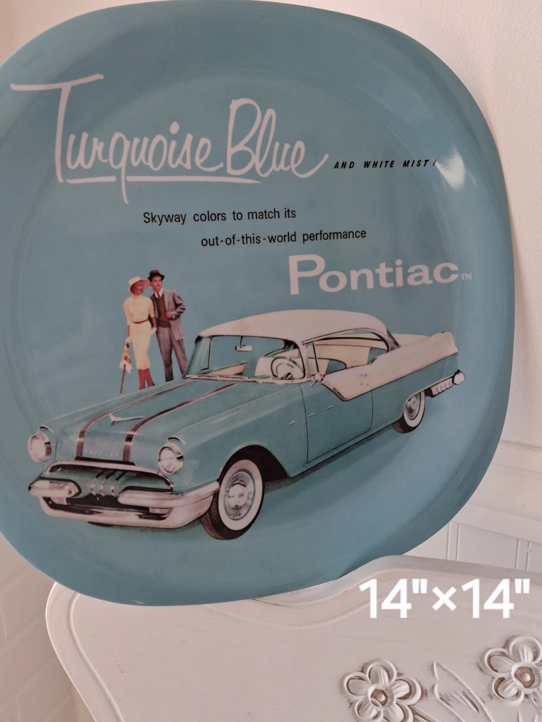 Vintage Pontiac Turquoise Blue Decorative Plate 14"x14"