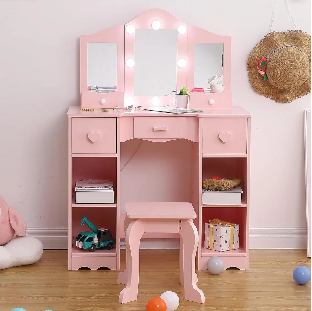 Pink Vanity Makeup Dressing Table with Lights & Stool
