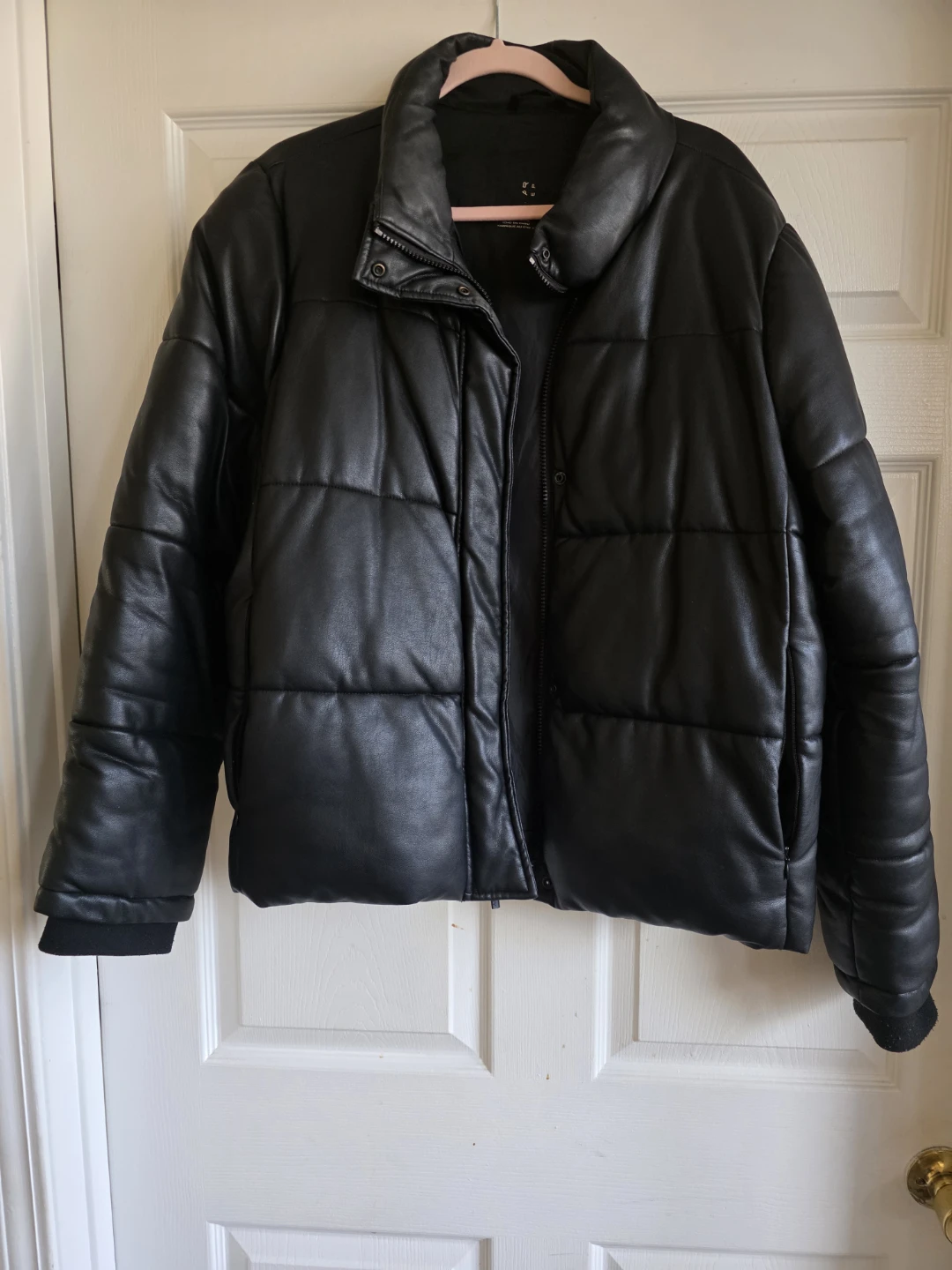 Black Faux Leather Puffer Jacket