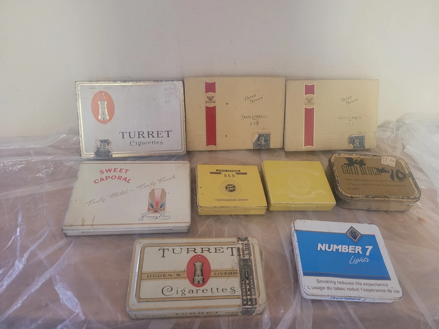 9 VINTAGE CIGARETTE TIN GOLD BLOCK TURRET SWEET CAPORAL