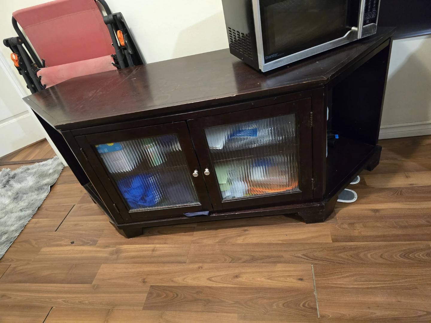 Dark Wood Corner TV Stand with Glass Doors