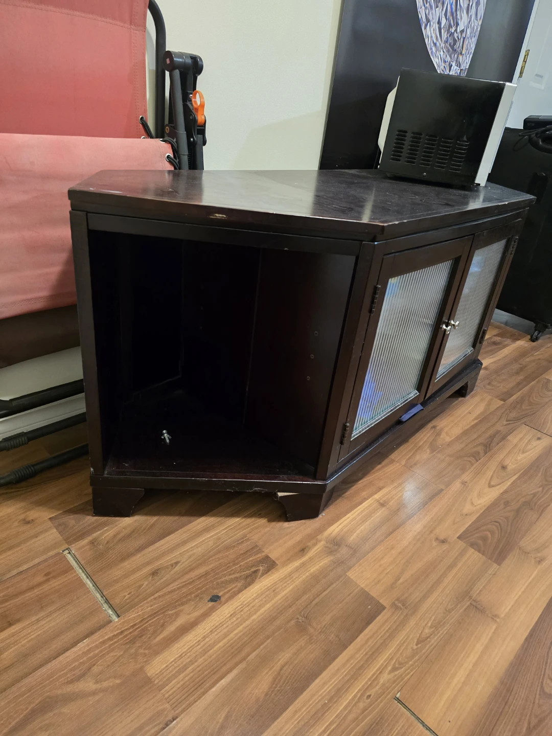 Dark Wood Corner TV Stand with Glass Doors - photo 2