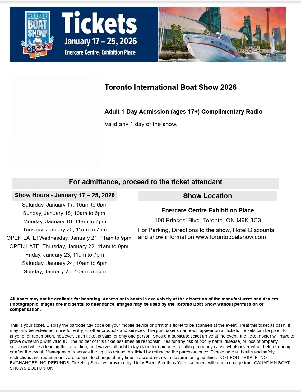 Toronto Boat Show Tickets Jan 17-25, 2026 ; 4 tickets - photo 2