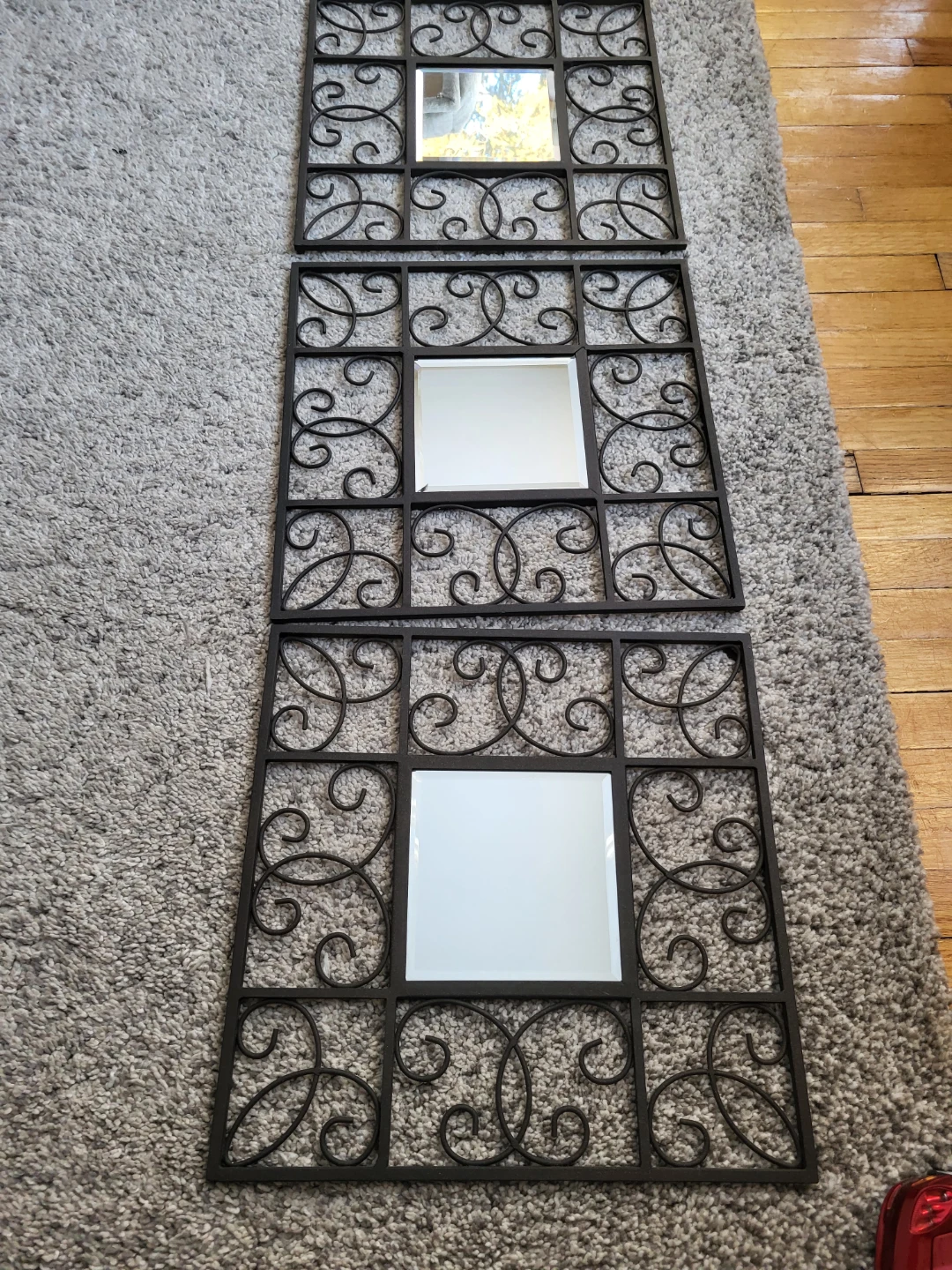 Set of 3 Black Metal Scrollwork Square Wall Mirrors