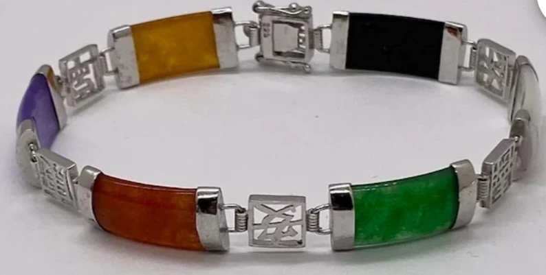 Solid Sterling Silver Real Jade Bracelet 7.25"