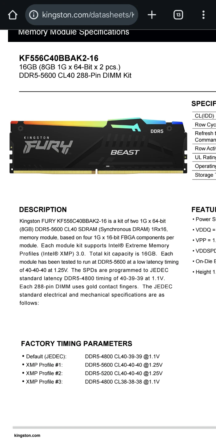 Kingston Fury Beast DDR5 16GB (2x8GB) 5600MHz - photo 2
