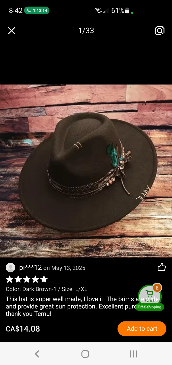 Brown Fedora Hat, Size L/XL