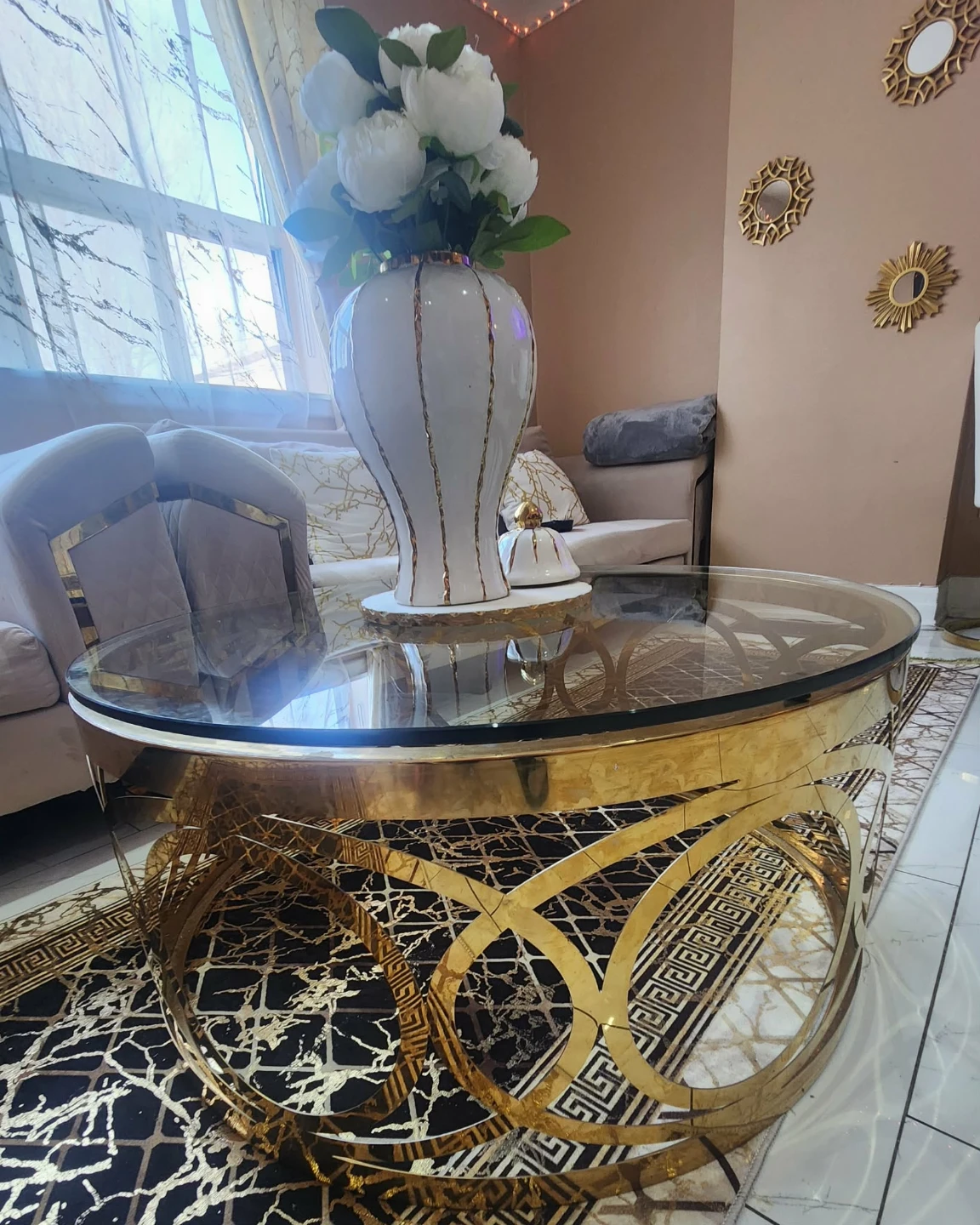 Gold & Glass Round Coffee Table - photo 2