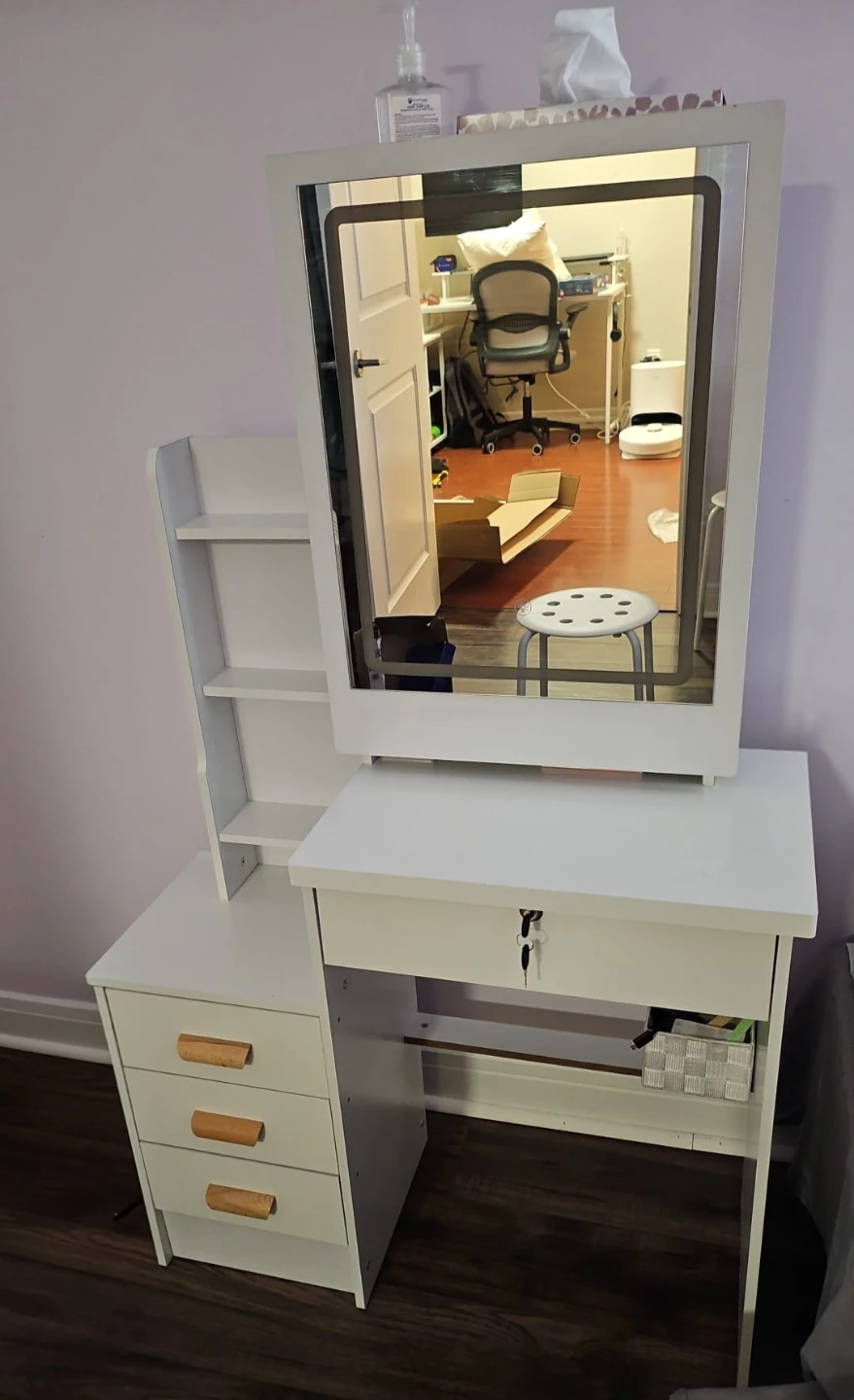White Vanity Makeup Table with Lighted Mirror & Stool - photo 2