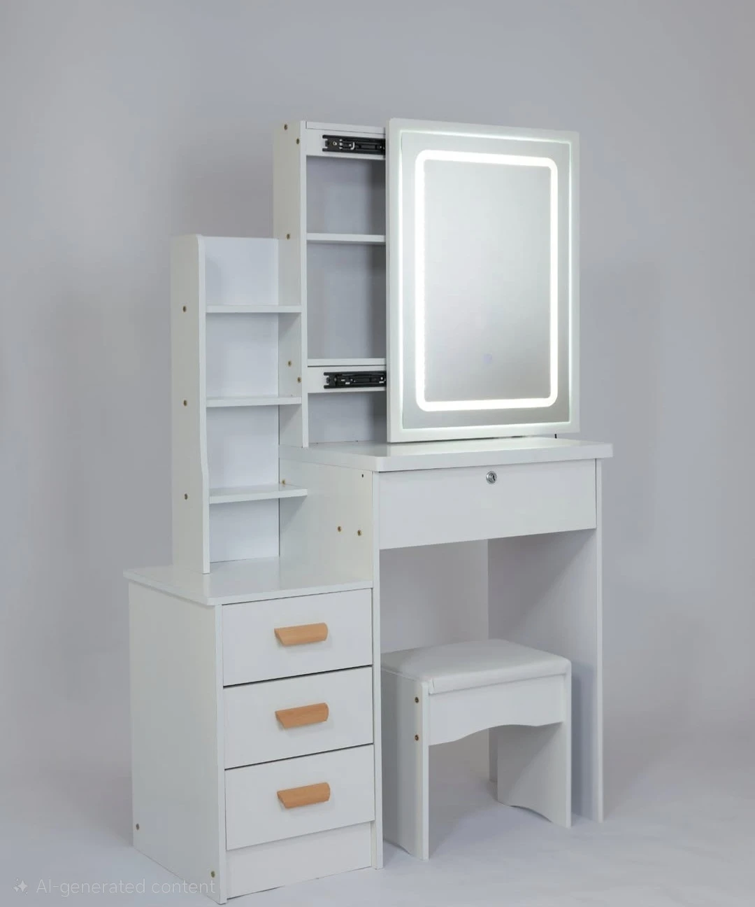White Vanity Makeup Table with Lighted Mirror & Stool - photo 3