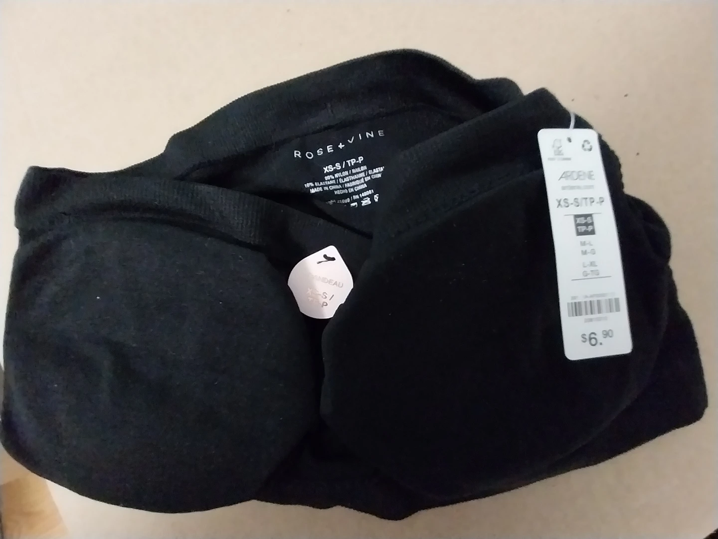 Ardene Rose + Vine Black XS-S/TP-P Nylon/Elastane Bandeau Bra