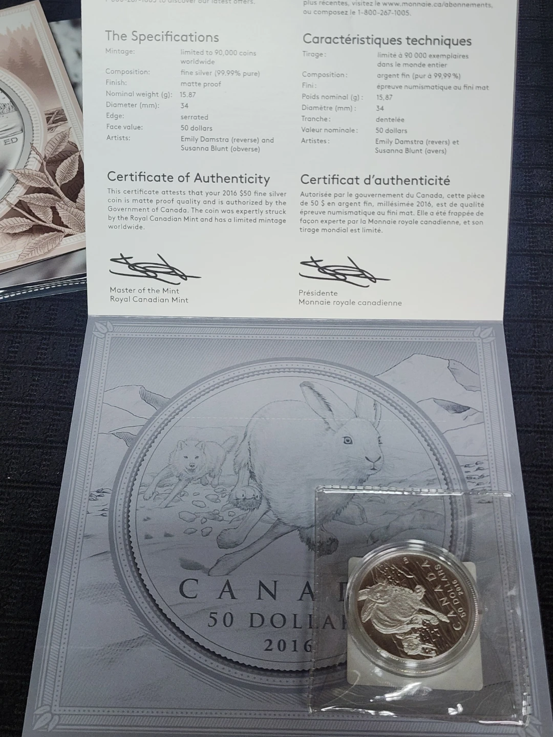 2016 Canada $50 Fine Silver Coin - Arctic Hare - photo 2